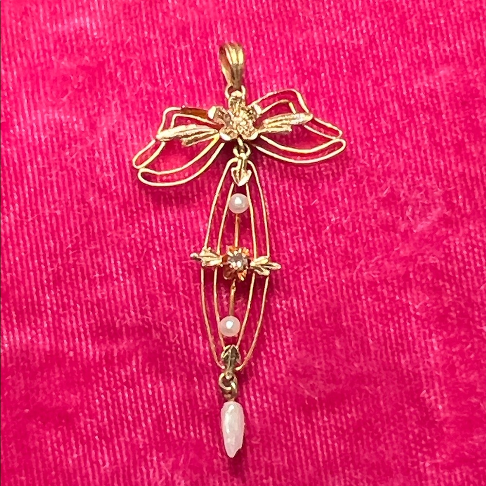 Antique Victorian Diamond Pearl 14k Solid Yellow Gold Lavalier Pendant - Picture 2 of 5